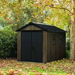Casetta da Giardino Marrone Noce Nero Pavimento Rialzato, Modulabile, Lucchettabile Presenza Finestre 224x230x246h cm, Tetto a due Falde - Mattoon