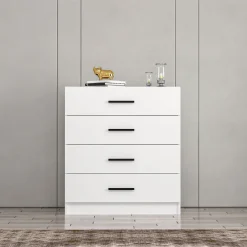 Cassettiera Bianco 4 Cassetti Apertura Scorrevole 90x47x100h cm, Chiusura Scorrevole - Lierna