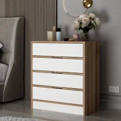 Cassettiera Bianco Marrone Noce 4 Cassetti Apertura Scorrevole 70x40x80h cm, Chiusura Scorrevole - Lallio