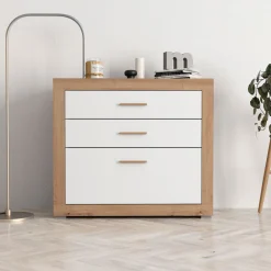 Cassettiera Bianco Marrone Rovere 3 Cassetti con Piedini 90x35x79h cm, Apertura Scorrevole - Hampi
