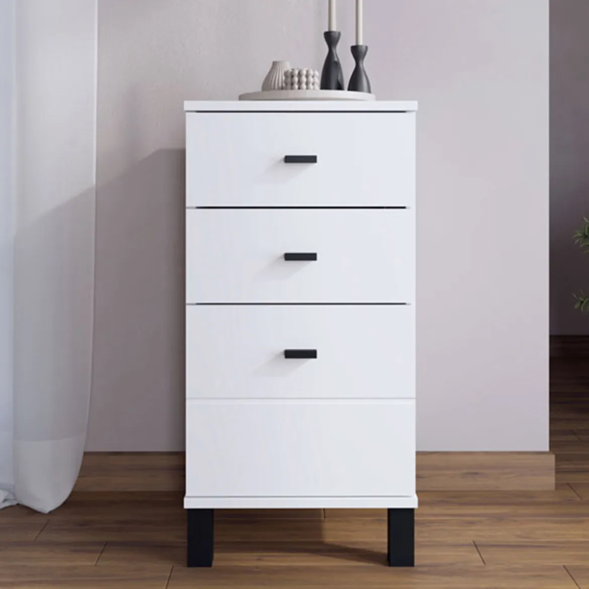 Cassettiera Bianco Nero 5 Cassetti Apertura Scorrevole 45x40x95h cm, Chiusura Scorrevole - Mainarda