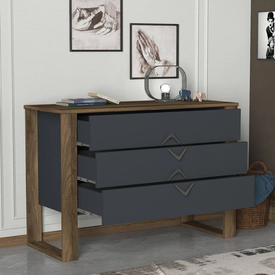 Cassettiera 3 cassetti noce e antracite 110x76h cm - Jova