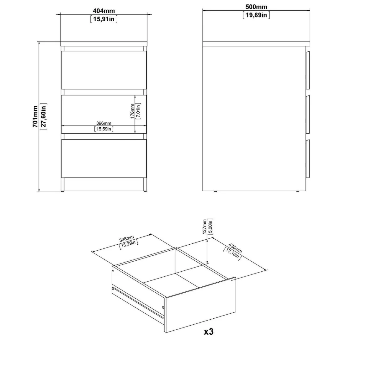Cassettiera 3 cassetti rovere 70x72h cm - Alic