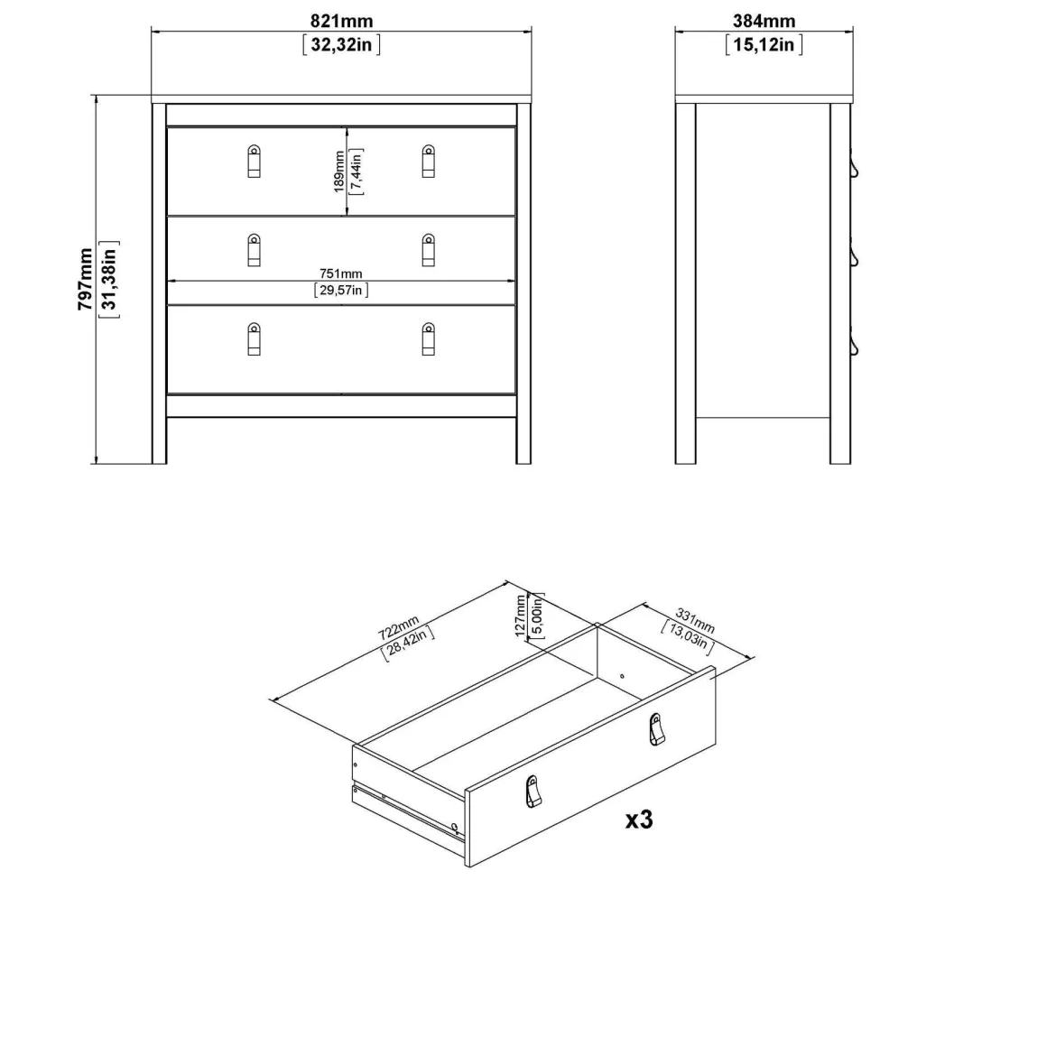 Cassettiera con maniglie nera 82x98h cm - Nicholas