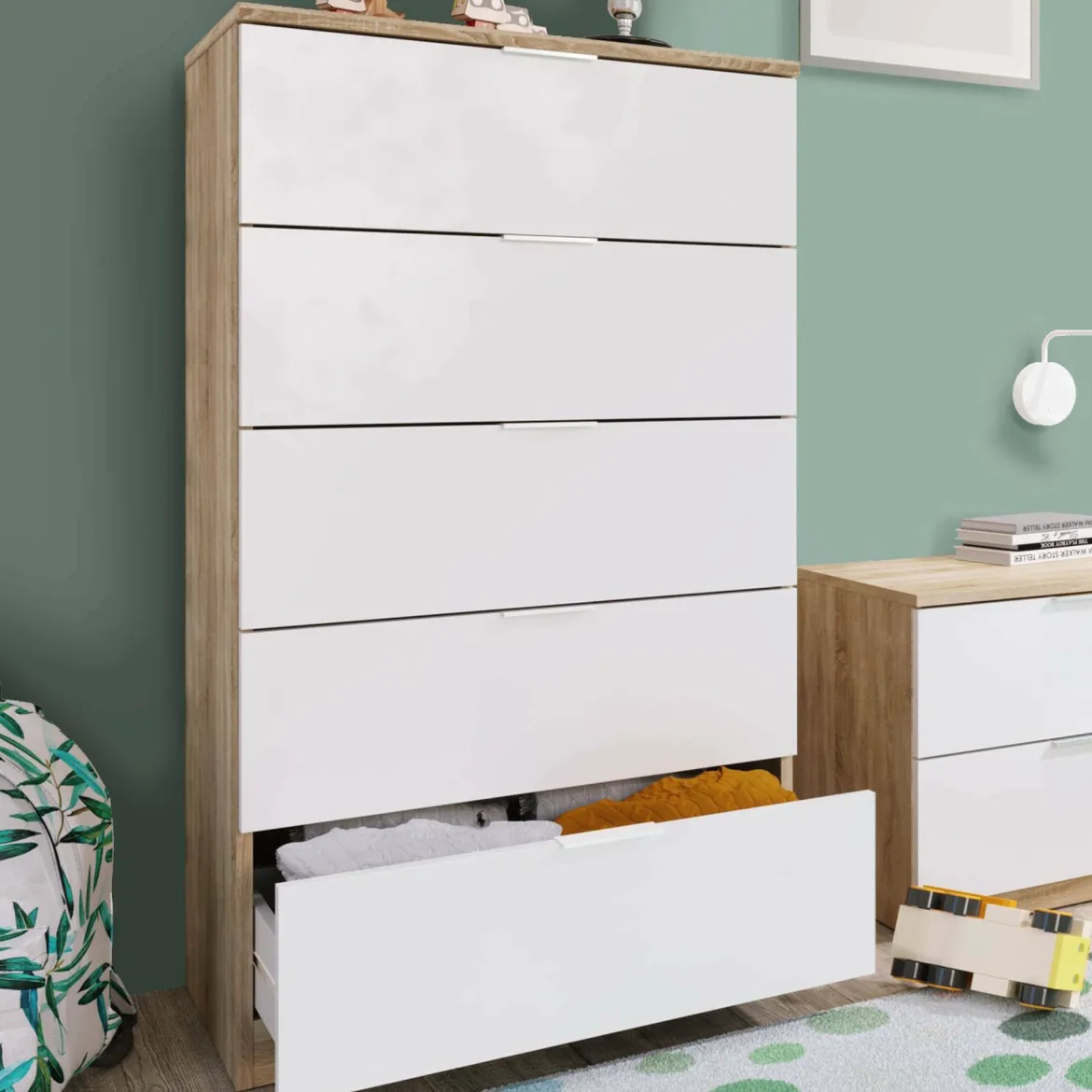 Cassettiera con maniglie rovere e bianca 60x87h cm - Solano