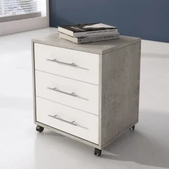 Cassettiera Grigio Cemento Bianco 3 Cassetti Apertura Scorrevole 43x40x57h cm, Chiusura Scorrevole - Pisano