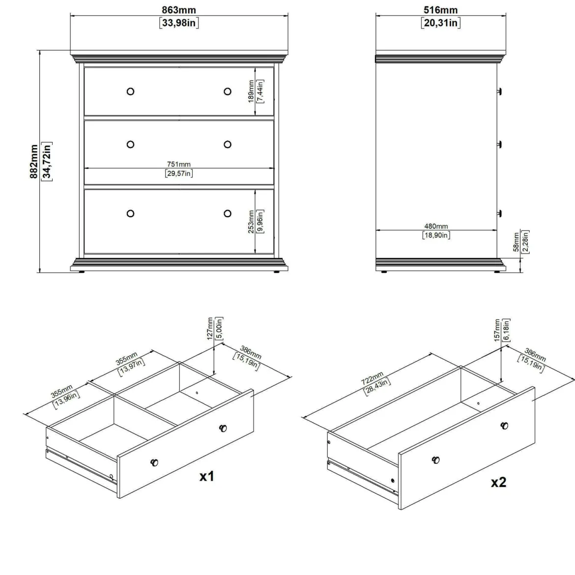 Cassettiera in legno bianca 86x88h cm - Domeng