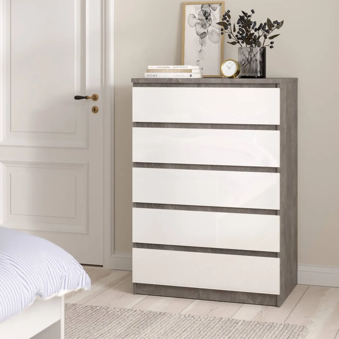 Cassettiera in legno cemento e bianca lucida 77x111h cm - Ansel