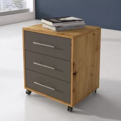 Cassettiera Marrone Rovere Nodi 3 Cassetti con Ruote 39x35x56h cm, Apertura Scorrevole - Kaza