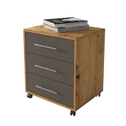 Cassettiera Marrone Rovere Nodi 3 Cassetti con Ruote 39x35x56h cm, Apertura Scorrevole - Kaza
