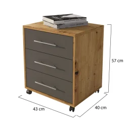 Cassettiera Marrone Rovere Nodi 3 Cassetti con Ruote 39x35x56h cm, Apertura Scorrevole - Kaza
