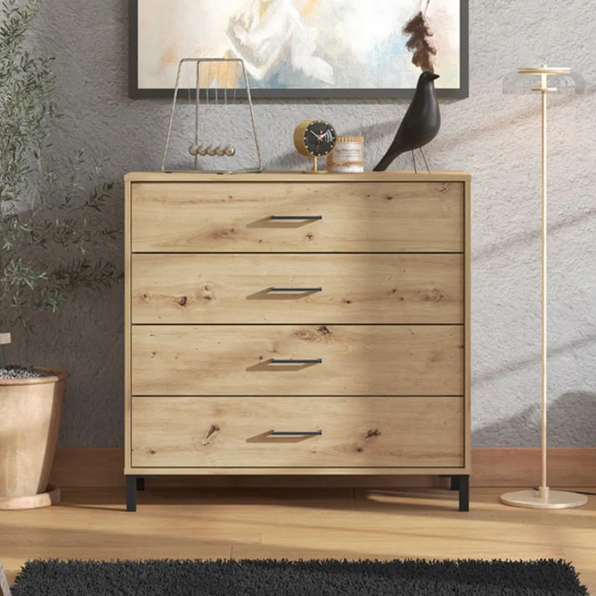 Cassettiera Marrone Rovere Nodi Nero 4 Cassetti Apertura Scorrevole 93x40x90h cm, Chiusura Scorrevole - Vidor