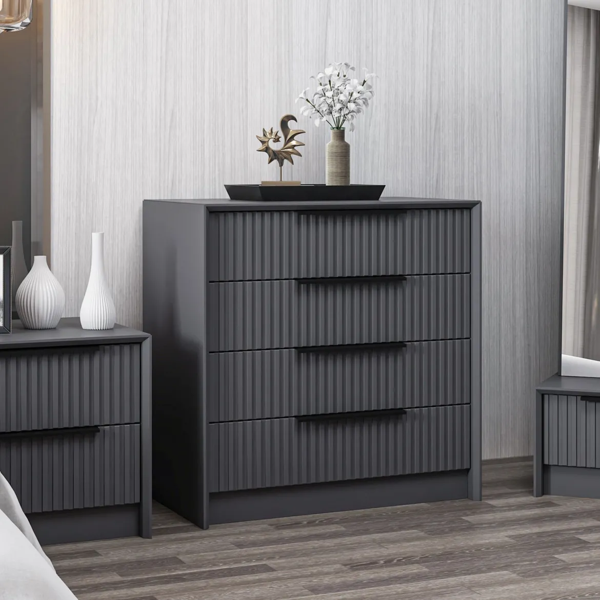 Cassettiera Nero Antracite 4 Cassetti Apertura Scorrevole 45x72x77h cm, Chiusura Scorrevole - Jebi