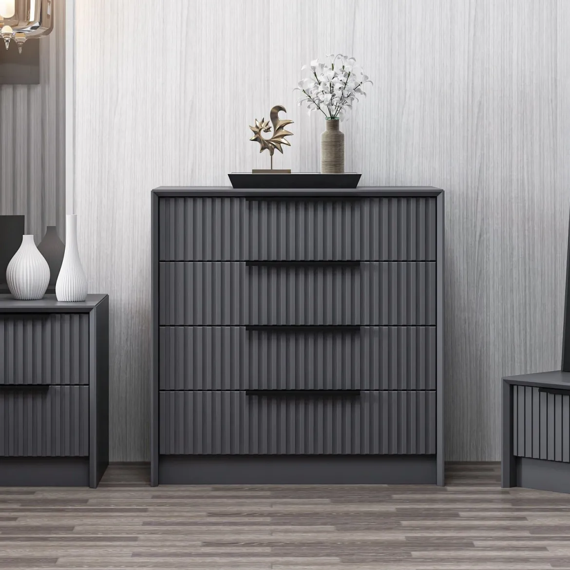 Cassettiera Nero Antracite 4 Cassetti Apertura Scorrevole 45x72x77h cm, Chiusura Scorrevole - Jebi