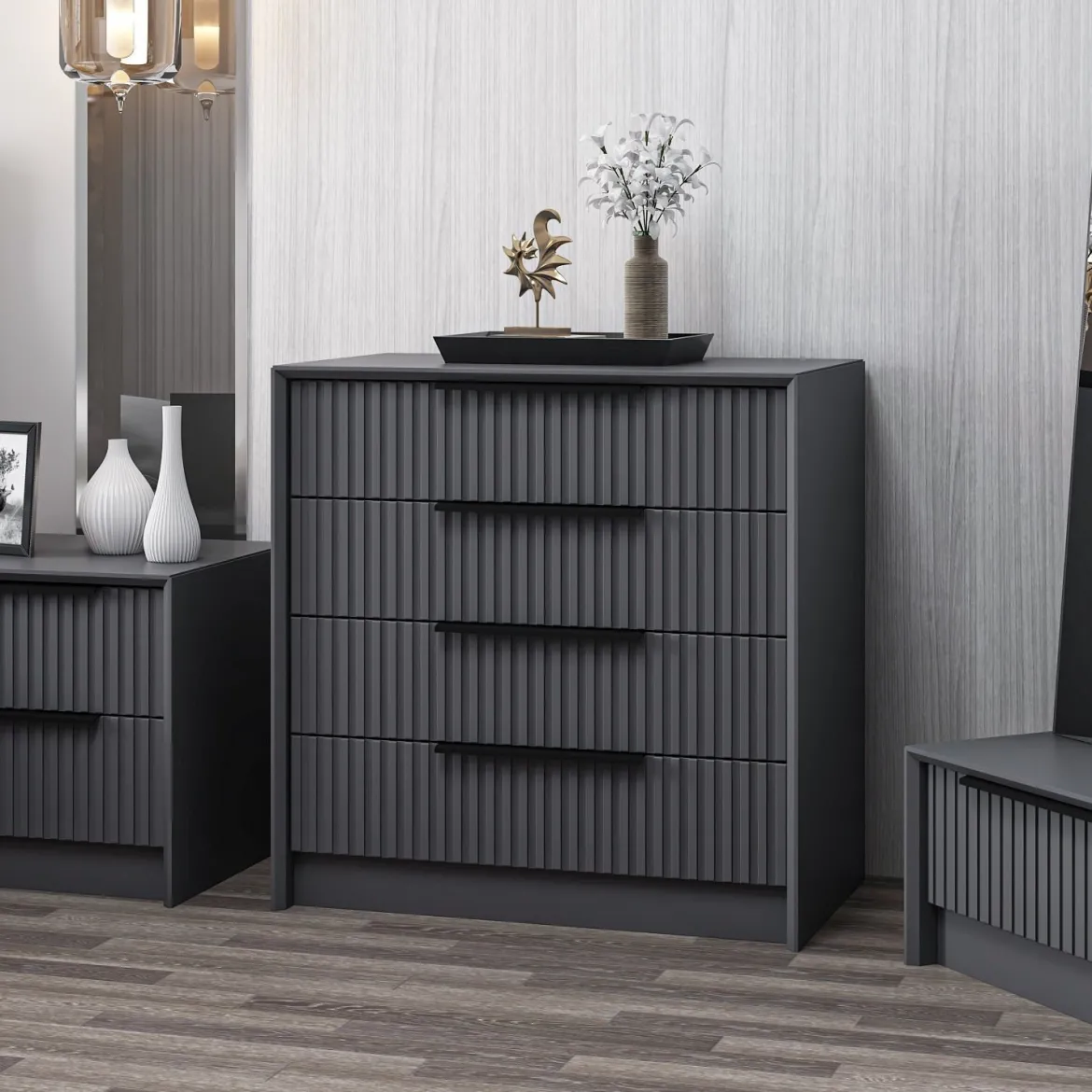 Cassettiera Nero Antracite 4 Cassetti Apertura Scorrevole 45x72x77h cm, Chiusura Scorrevole - Jebi