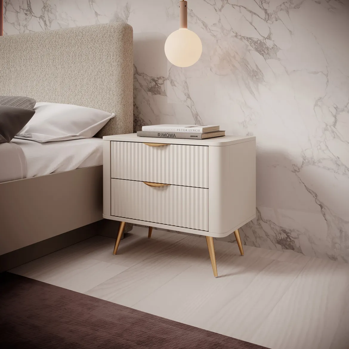 Comodino Beige oro 2 Cassetti un Ripiano 63x38x55h cm, Apertura Scorrevole - Baari