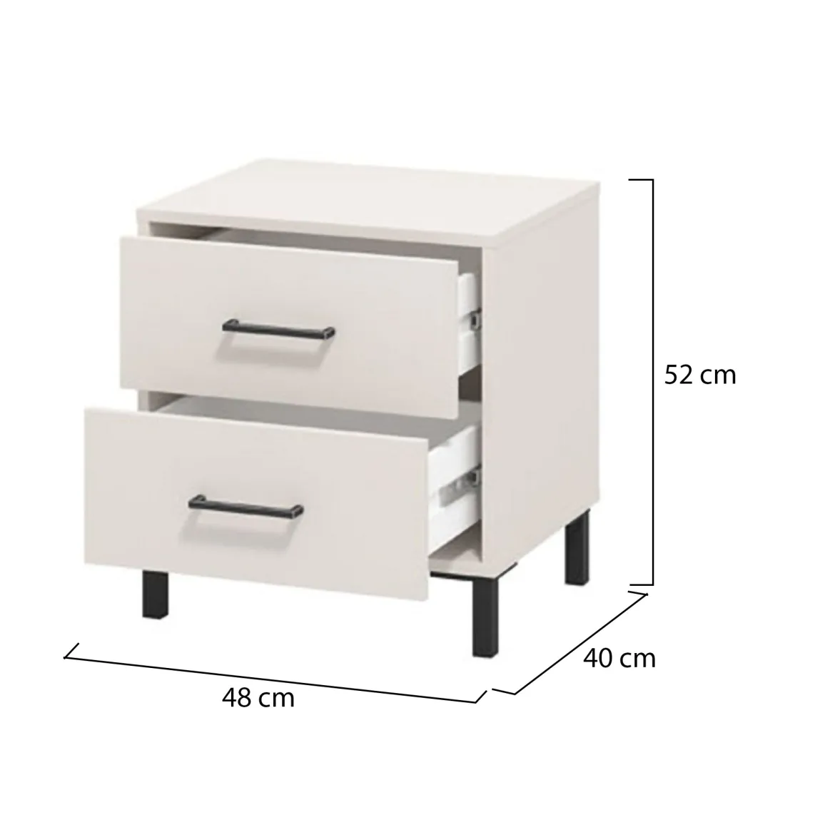 Comodino Bianco Crema Nero un Ripiano 2 Cassetti 48x40x52h cm, Apertura Scorrevole - Clanezzo