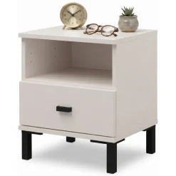 Comodino Bianco Crema un Cassetto 2 Ripiani 39x35x45h cm, Apertura Scorrevole - Ghadam