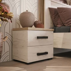 Comodino Bianco Larice Marrone Rovere Scuro 2 Cassetti un Ripiano 44.5x33.5x43h cm, Apertura Scorrevole - Roncello