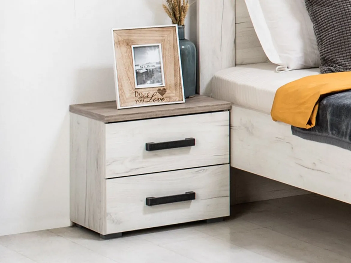 Comodino Bianco Larice Marrone Rovere Scuro 2 Cassetti un Ripiano 44.5x33.5x43h cm, Apertura Scorrevole - Roncello