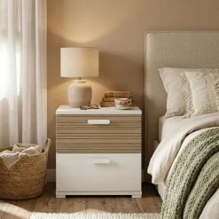 Comodino Bianco Marrone Rovere 2 Cassetti un Ripiano 50x40x45h cm, Apertura Scorrevole - Petri