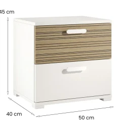 Comodino Bianco Marrone Rovere 2 Cassetti un Ripiano 50x40x45h cm, Apertura Scorrevole - Petri