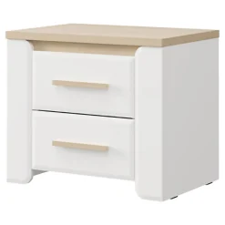 Comodino Bianco Opaco Marrone Rovere 2 Cassetti un Ripiano 58x40x50h cm, Apertura Scorrevole - Yamba