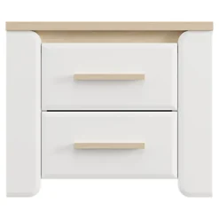 Comodino Bianco Opaco Marrone Rovere 2 Cassetti un Ripiano 58x40x50h cm, Apertura Scorrevole - Yamba