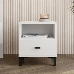 Comodino Bianco Opaco un Cassetto 2 Ripiani 39x35x45h cm, Apertura Scorrevole - Ghadam