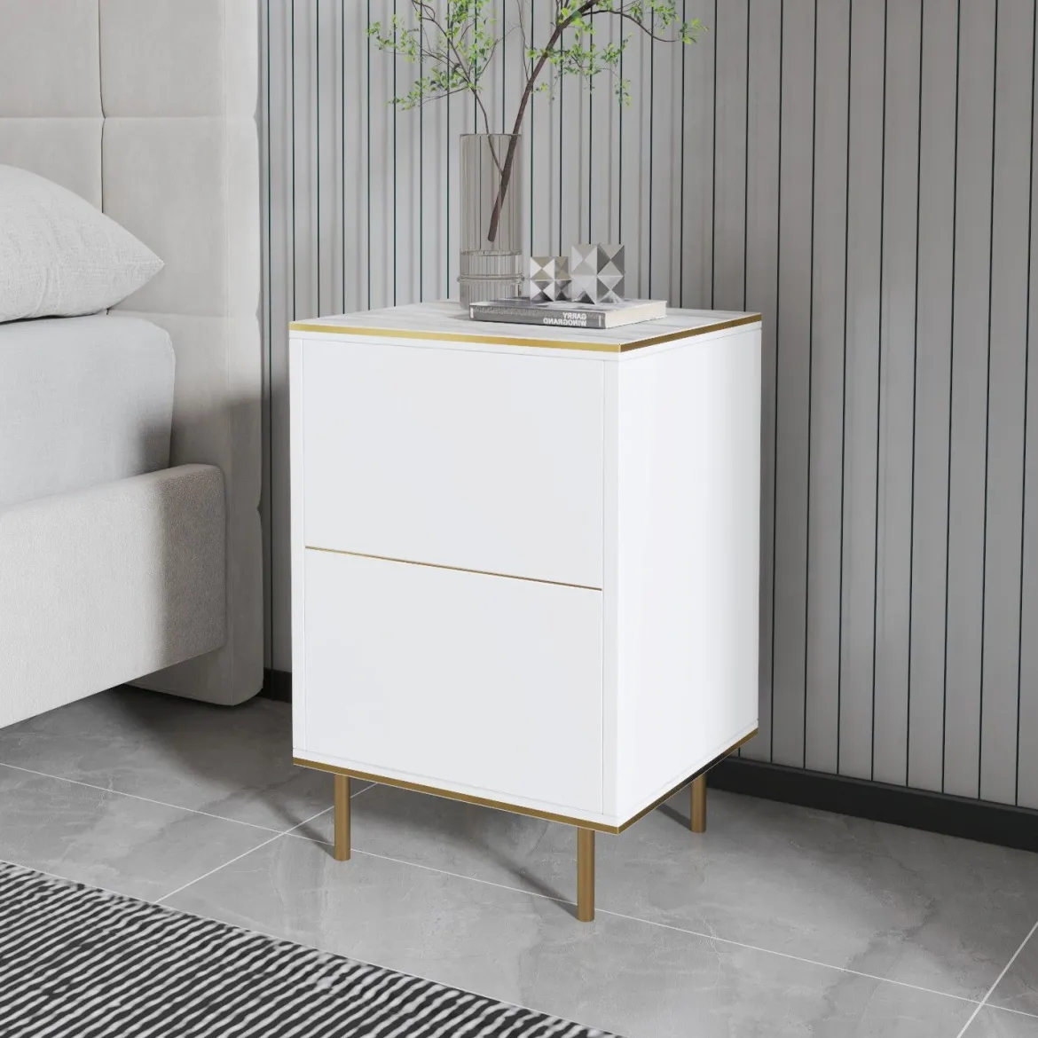Comodino Bianco oro un Ripiano Apertura Battente 40x35x60h cm, Un'anta - Vestone