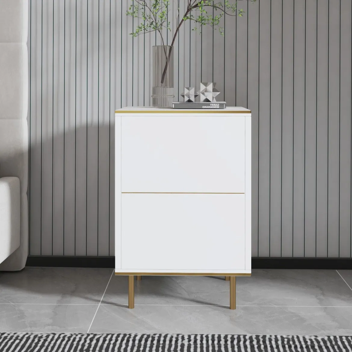 Comodino Bianco oro un Ripiano Apertura Battente 40x35x60h cm, Un'anta - Vestone