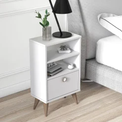 Comodino Bianco un Cassetto un Ripiano 45x74x25h cm, Apertura Scorrevole
