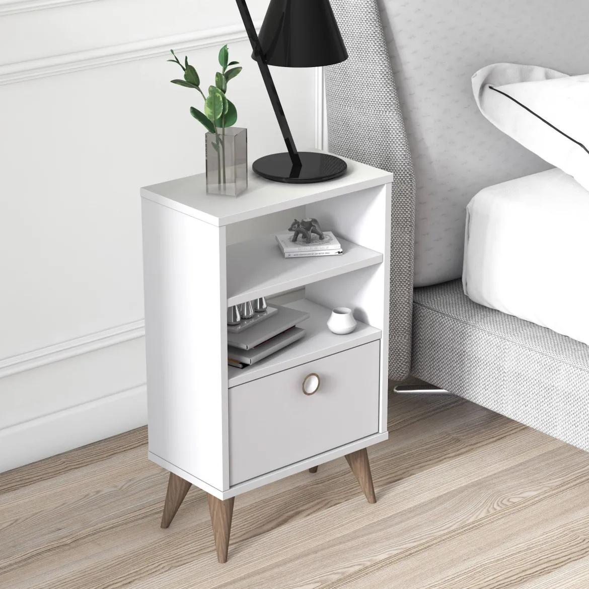 Comodino Bianco un Cassetto un Ripiano 45x74x25h cm, Apertura Scorrevole