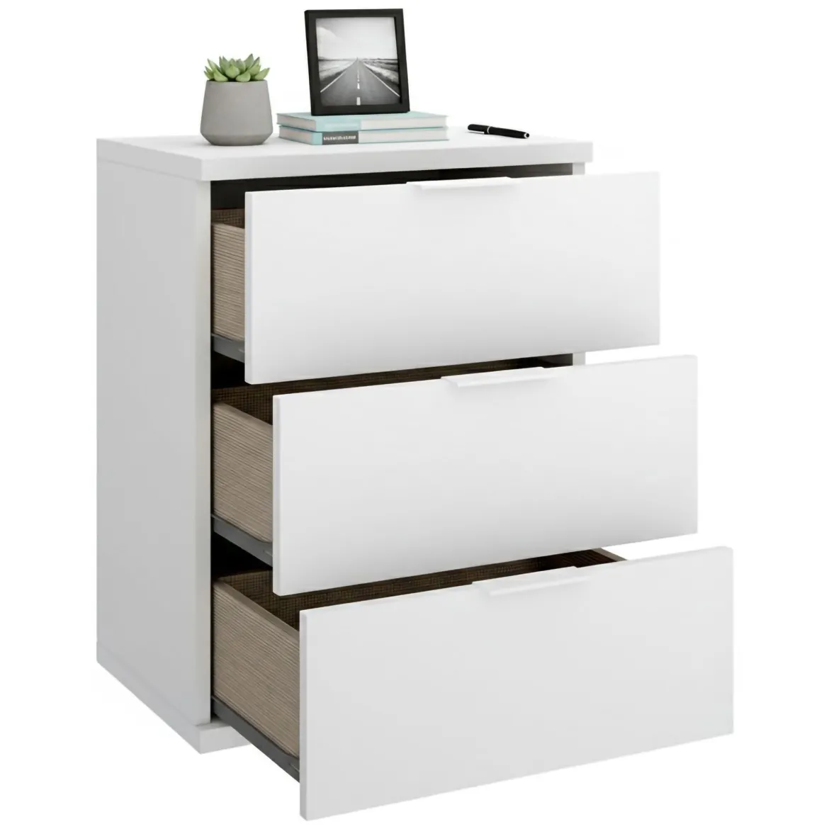 Comodino Bianco un Ripiano 3 Cassetti 34x42x57h cm, Apertura Scorrevole - Blythe