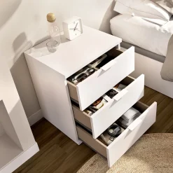 Comodino Bianco un Ripiano 3 Cassetti 34x42x57h cm, Apertura Scorrevole - Sturgis