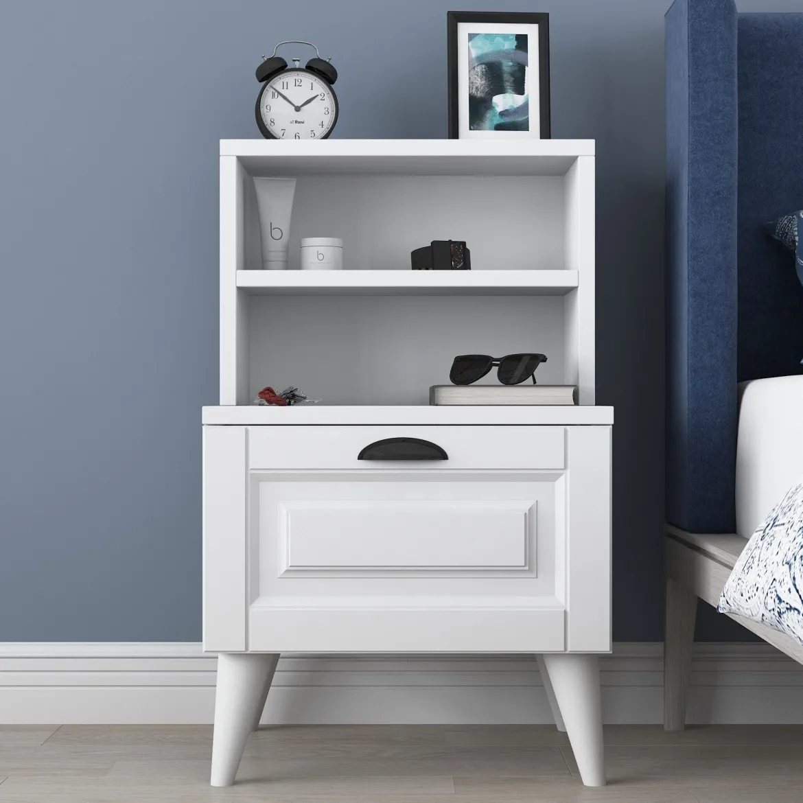 Comodino Bianco un Ripiano un Cassetto 45x40x74h cm, Apertura Scorrevole - Offagna