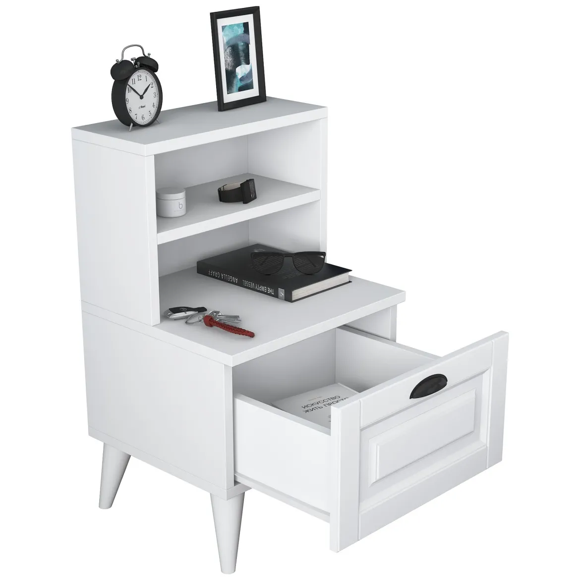 Comodino Bianco un Ripiano un Cassetto 45x40x74h cm, Apertura Scorrevole - Offagna