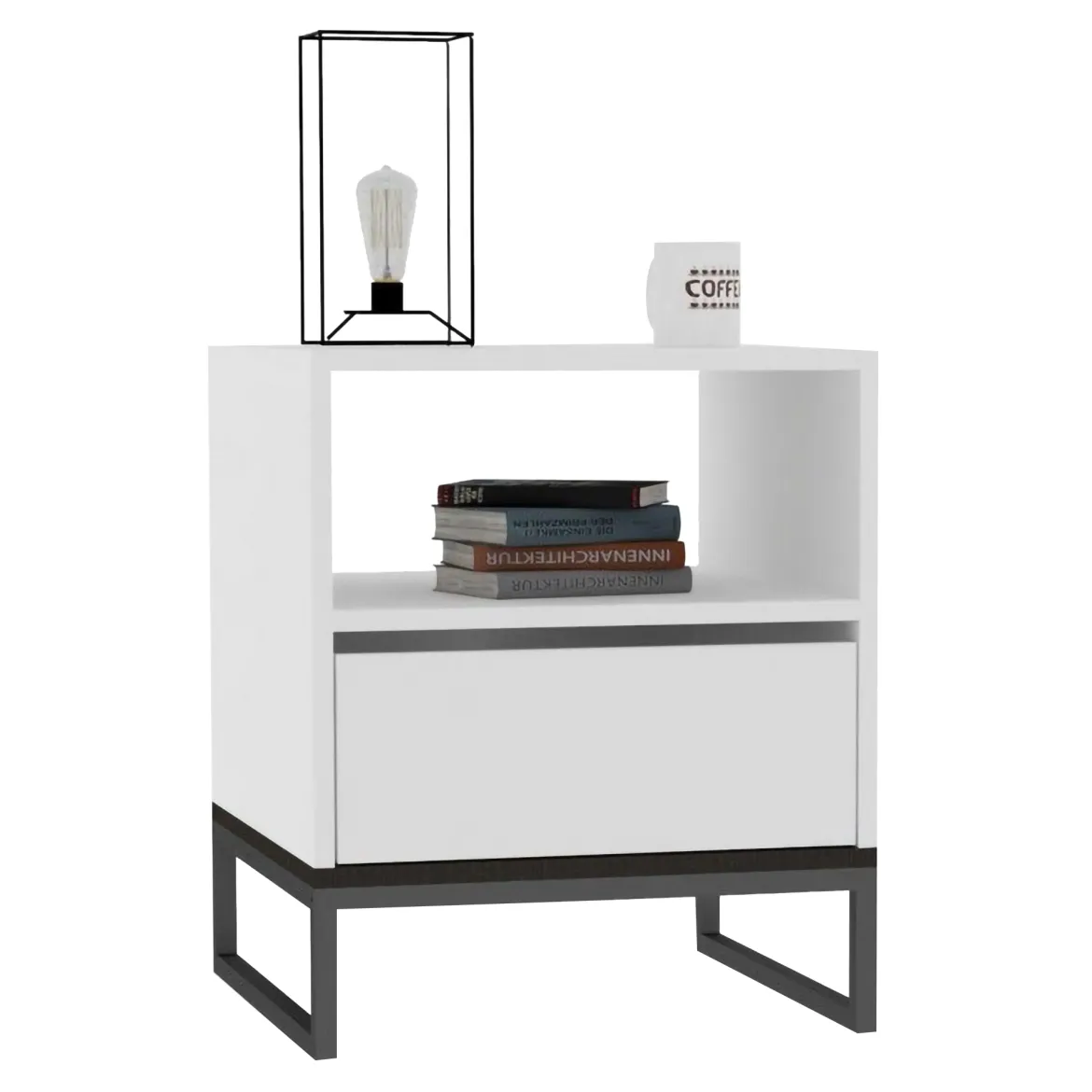 Comodino Bianco un Ripiano un Cassetto 51x51x61h cm, Apertura Scorrevole - Compatri