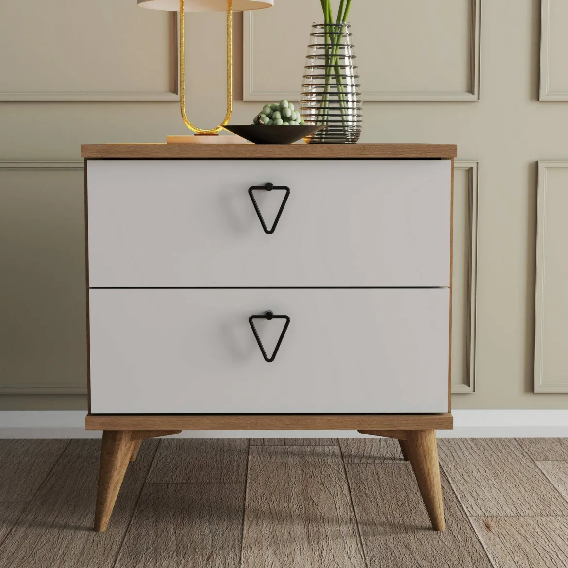 Comodino 2 cassetti quercia e bianco 52x45x55h cm - Pilar