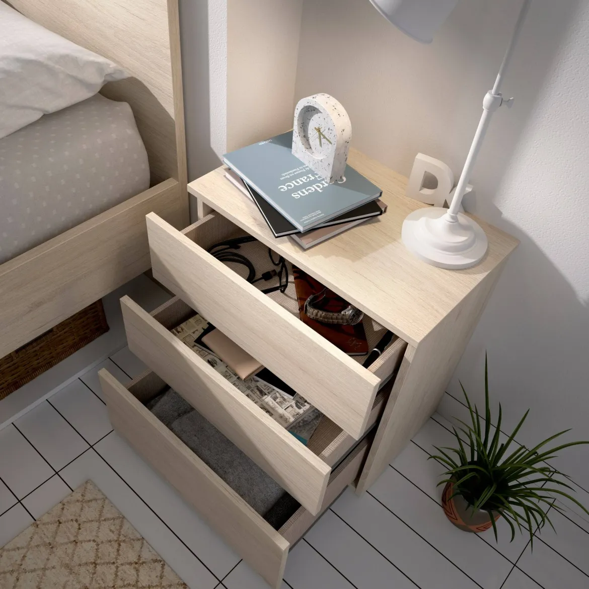 Comodino 3 cassetti rovere 52x34x58h cm - Arnold