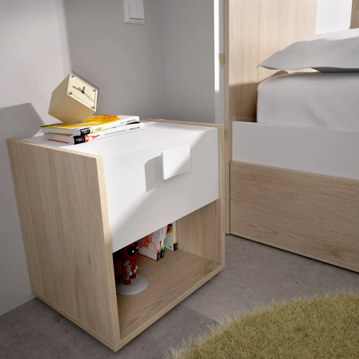 Comodino 1 cassetto bianco e rovere 40x33x42h cm - Artica