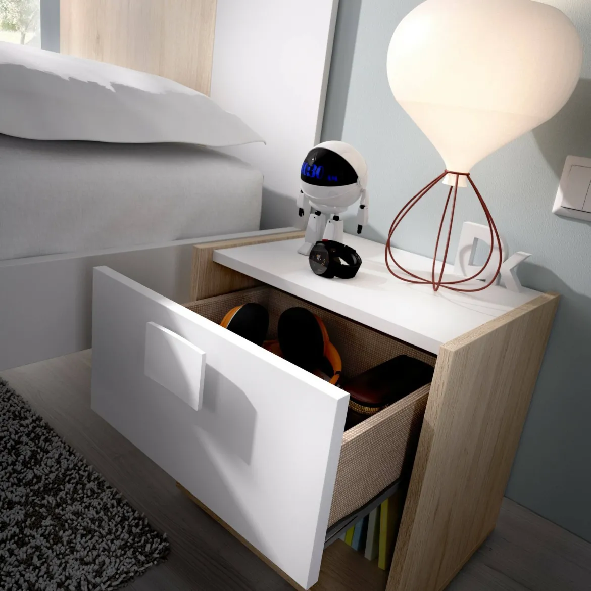 Comodino 1 cassetto bianco e rovere 40x33x42h cm - Artica