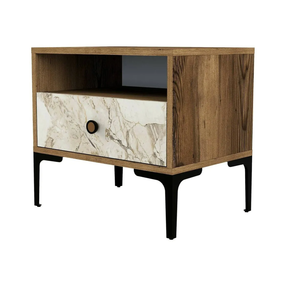 Comodino 1 cassetto noce e bianco marmo 56x40x50h cm - Editta