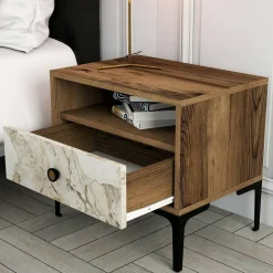 Comodino 1 cassetto noce e bianco marmo 56x40x50h cm - Editta