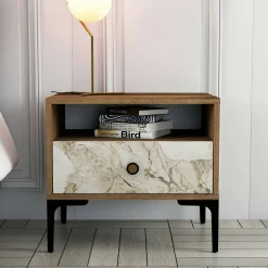 Comodino 1 cassetto noce e bianco marmo 56x40x50h cm - Editta