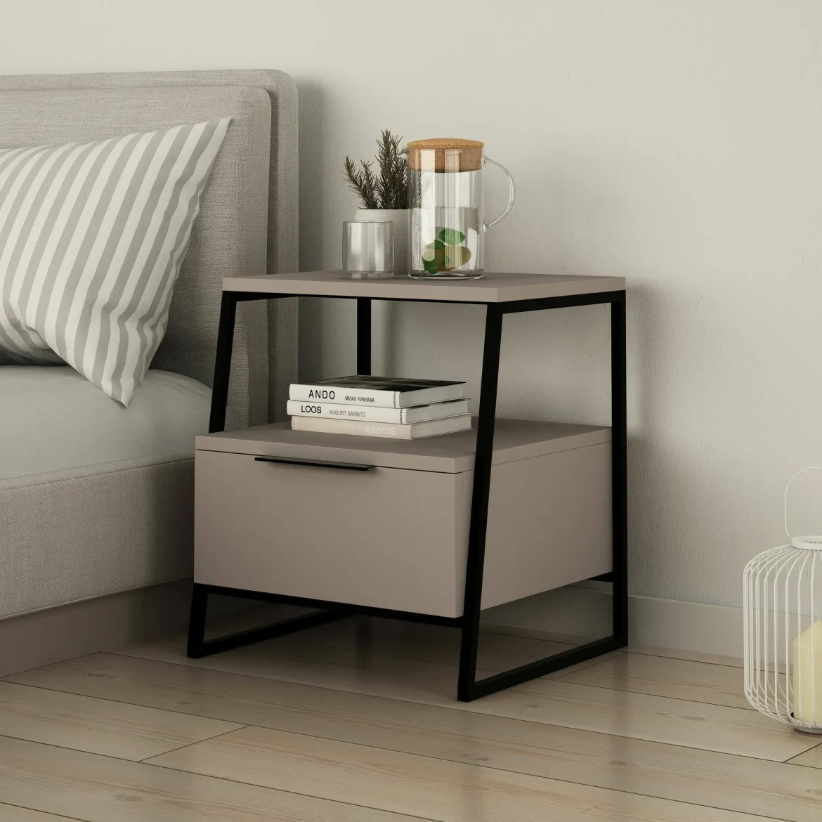 Comodino in legno beige e nero 45x41x50h cm - Rosita