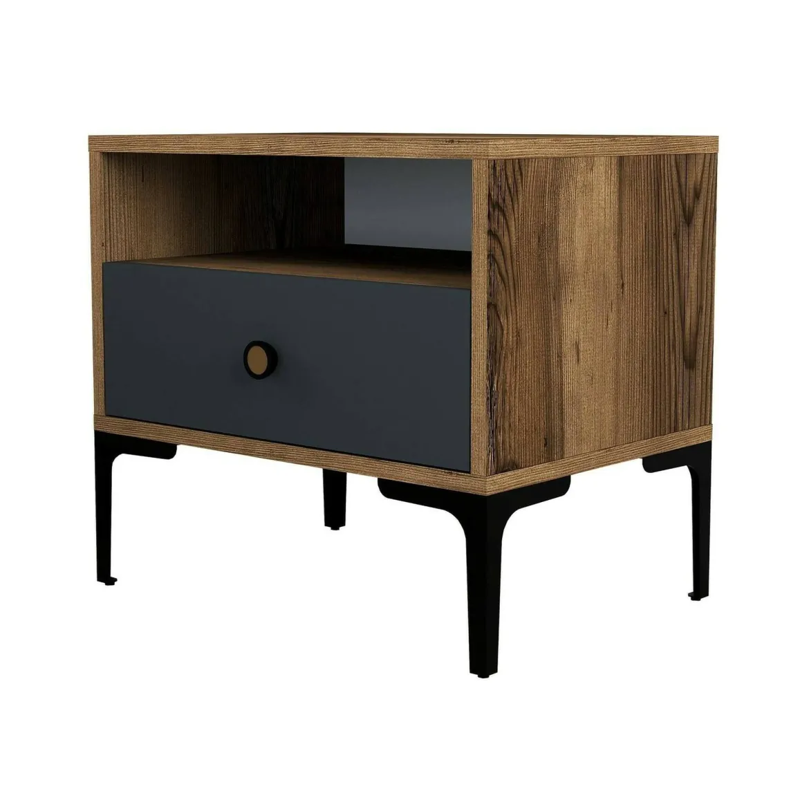 Comodino in legno e metallo noce e antracite 56x40x50h cm - Editta