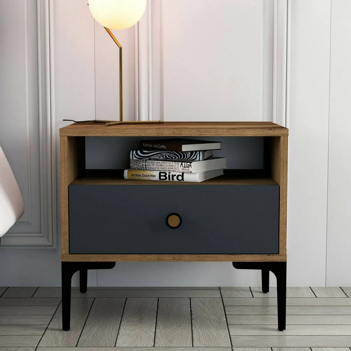 Comodino in legno e metallo noce e antracite 56x40x50h cm - Editta
