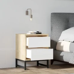 Comodino Marrone Rovere Bianco Opaco un Cassetto 2 Ripiani 52x35x47h cm, Apertura Scorrevole - Varkal