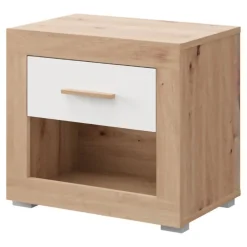 Comodino Marrone Rovere Bianco Opaco un Cassetto 2 Ripiani 52x35x47h cm, Apertura Scorrevole - Varkal